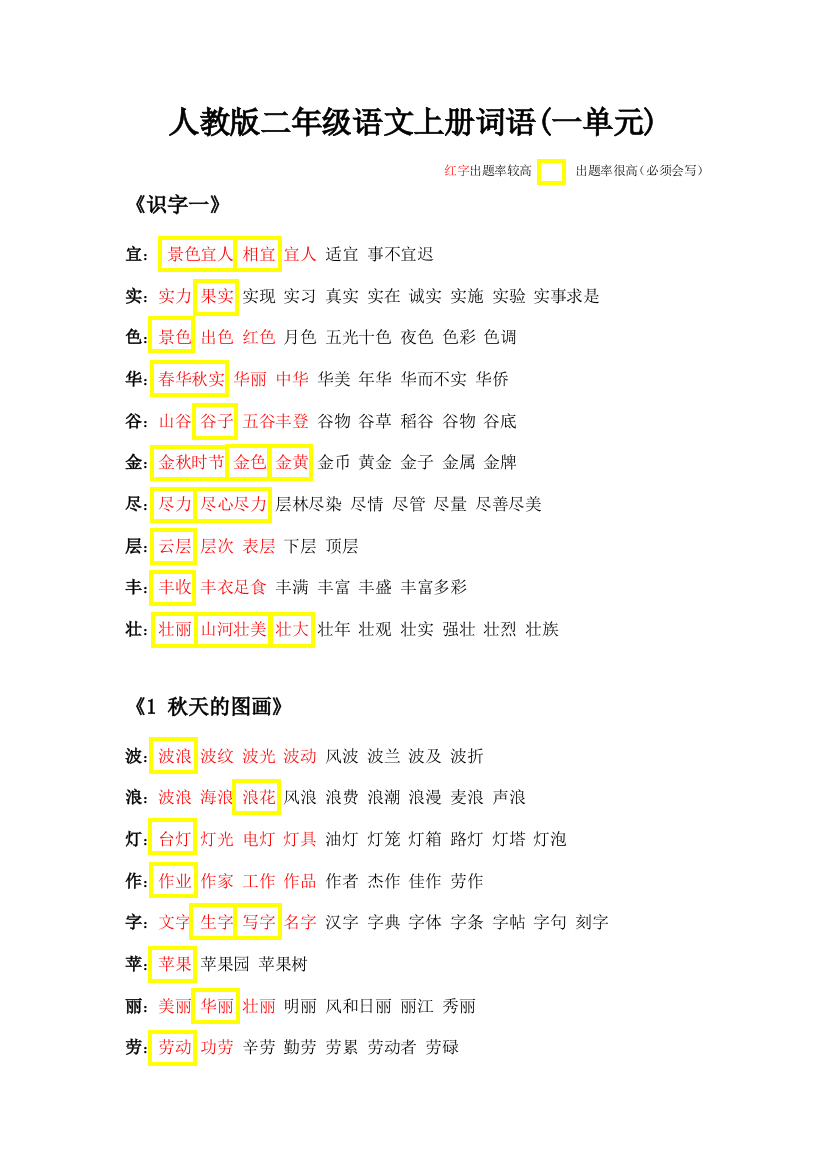 人教版二年级上册语文词语一单元