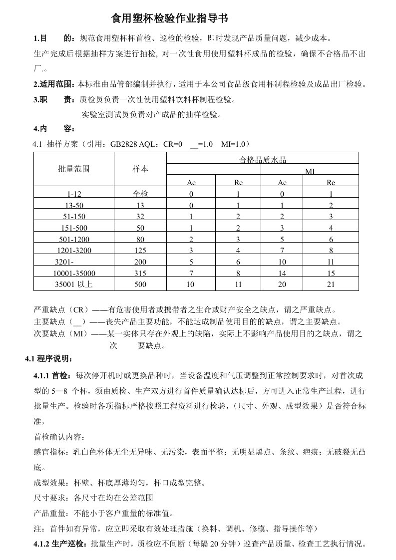 食用塑杯检验作业指导书