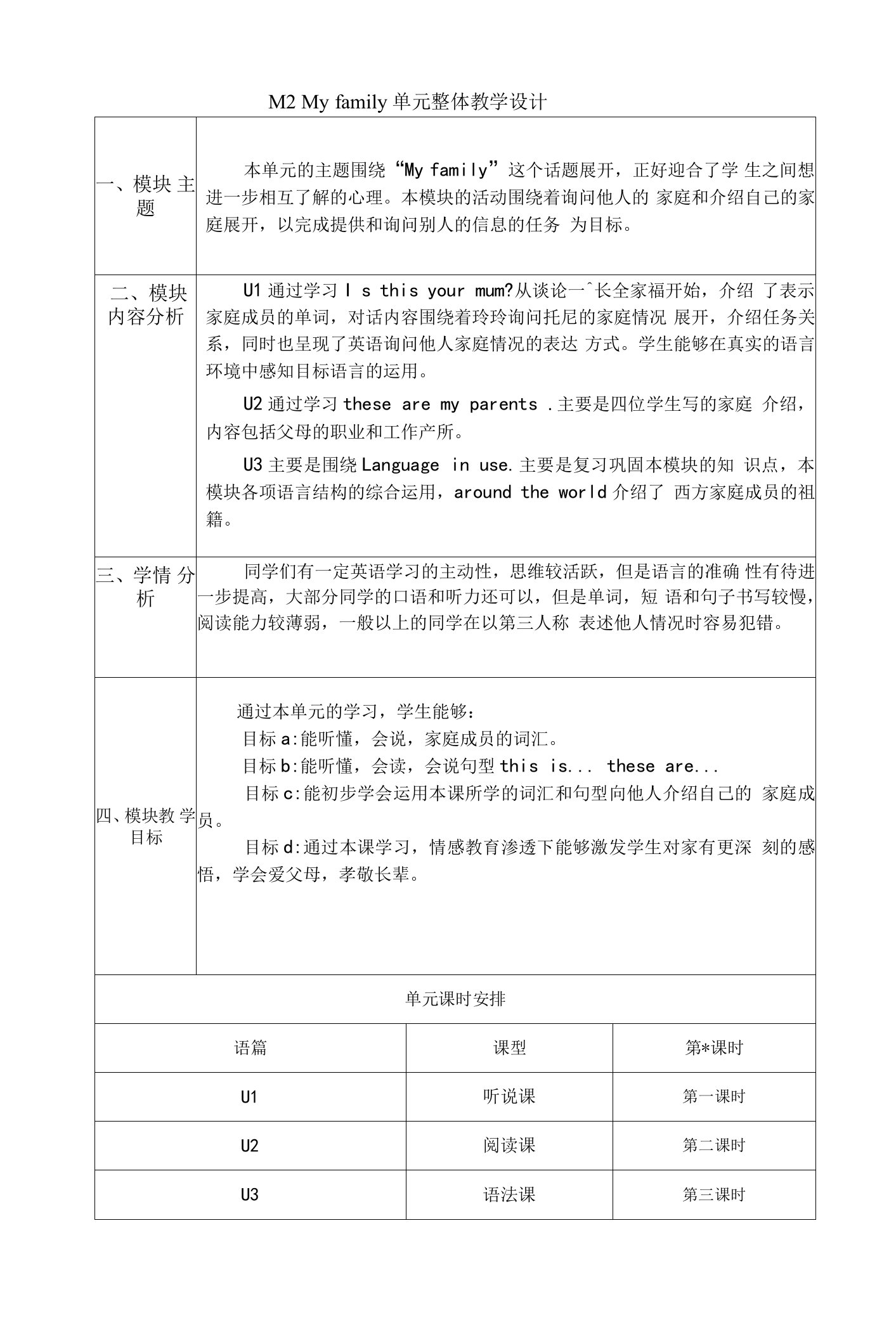 大单元整体教学设计外研版七上M2