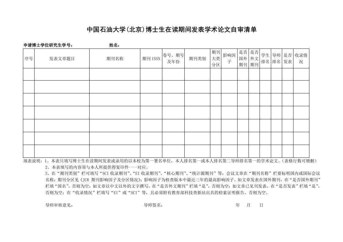 中国石油大学（北京）博士生在读期间发表学术论文自审清单