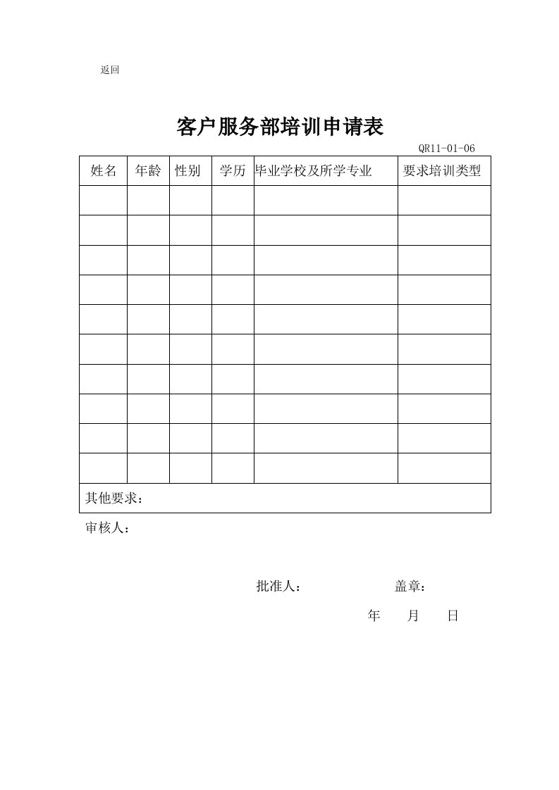 客户服务部培训申请表