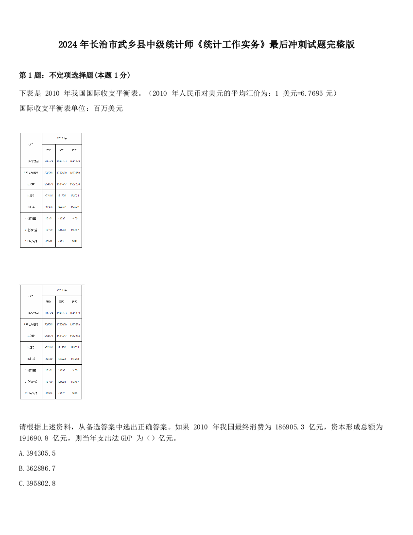 2024年长治市武乡县中级统计师《统计工作实务》最后冲刺试题完整版