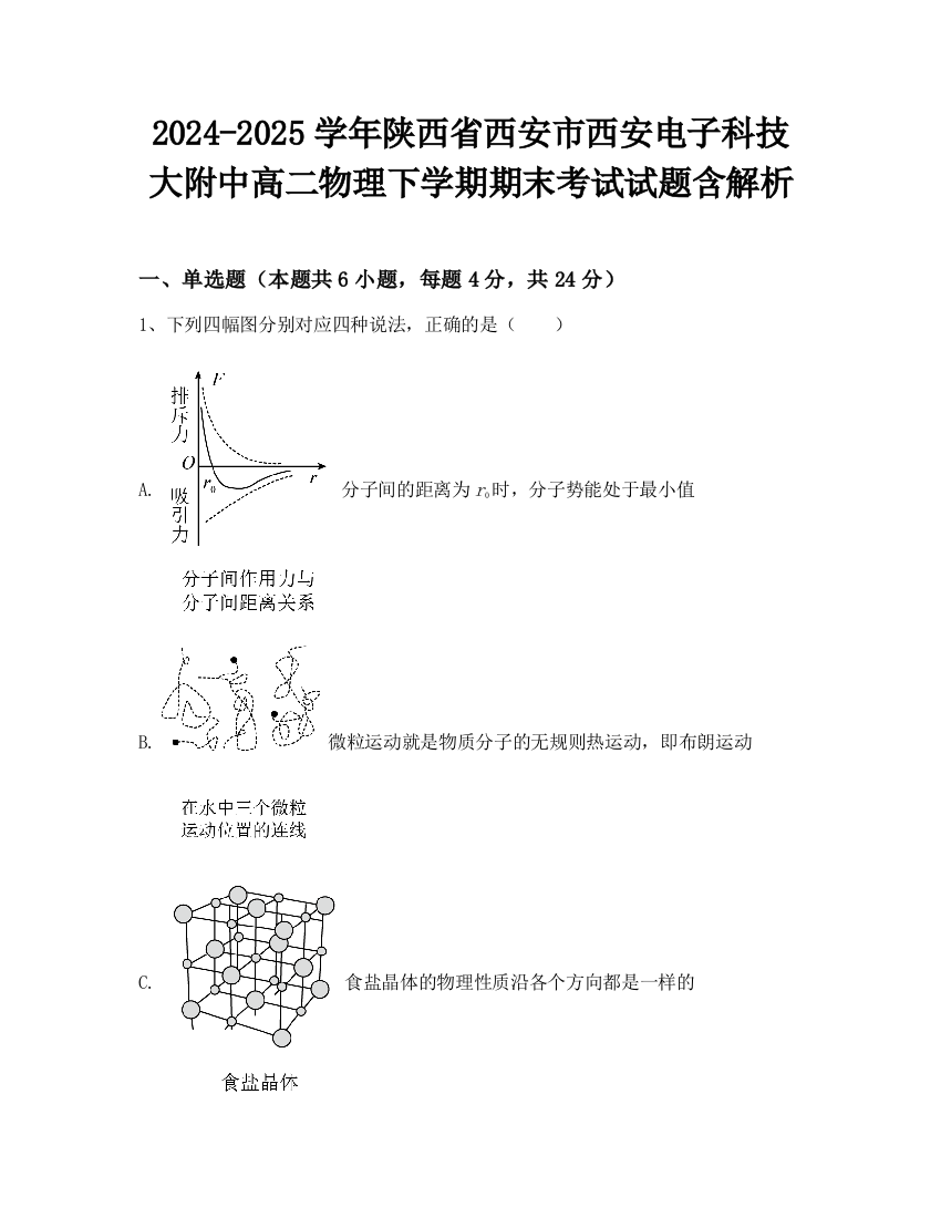 2024-2025学年陕西省西安市西安电子科技大附中高二物理下学期期末考试试题含解析