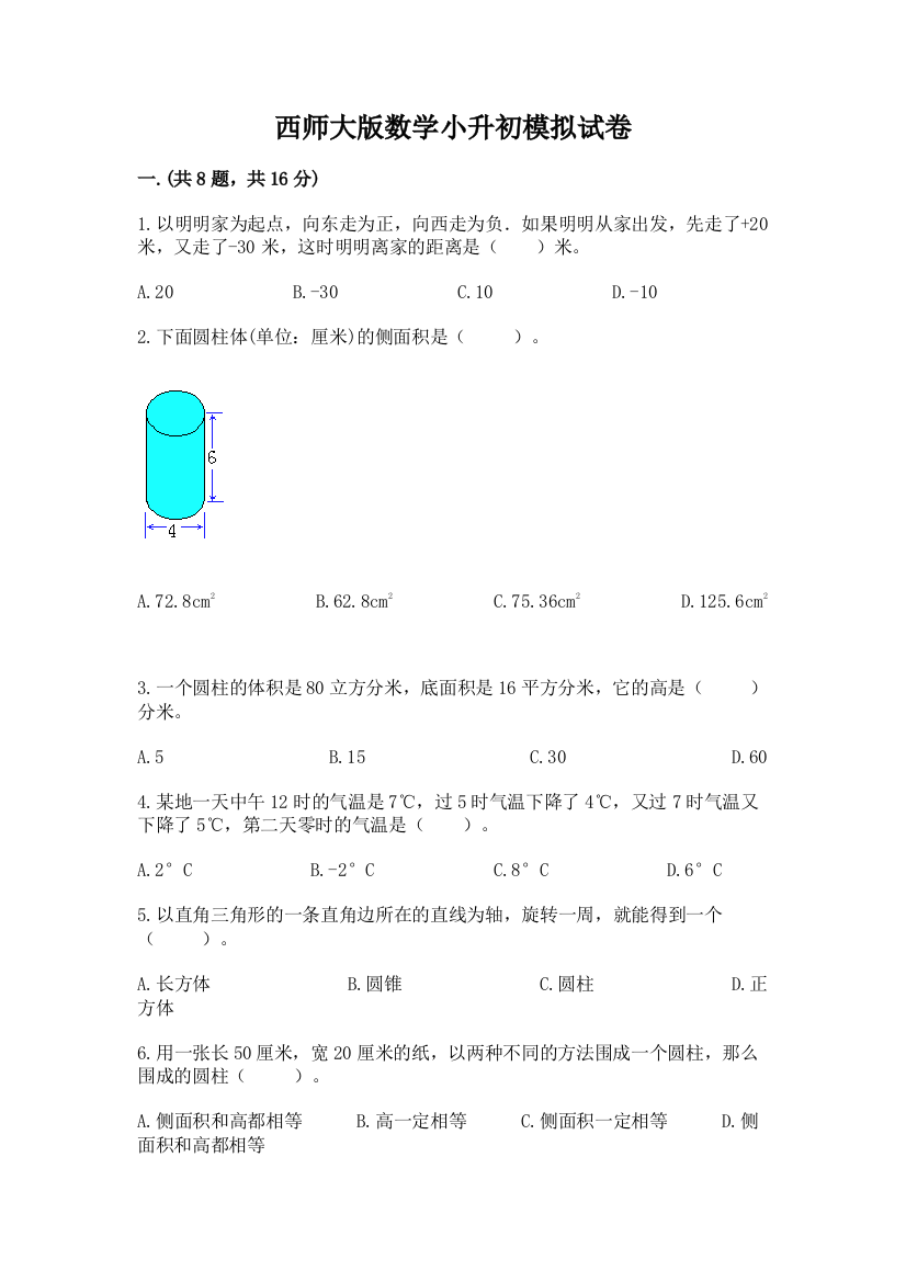 西师大版数学小升初模拟试卷精品（突破训练）