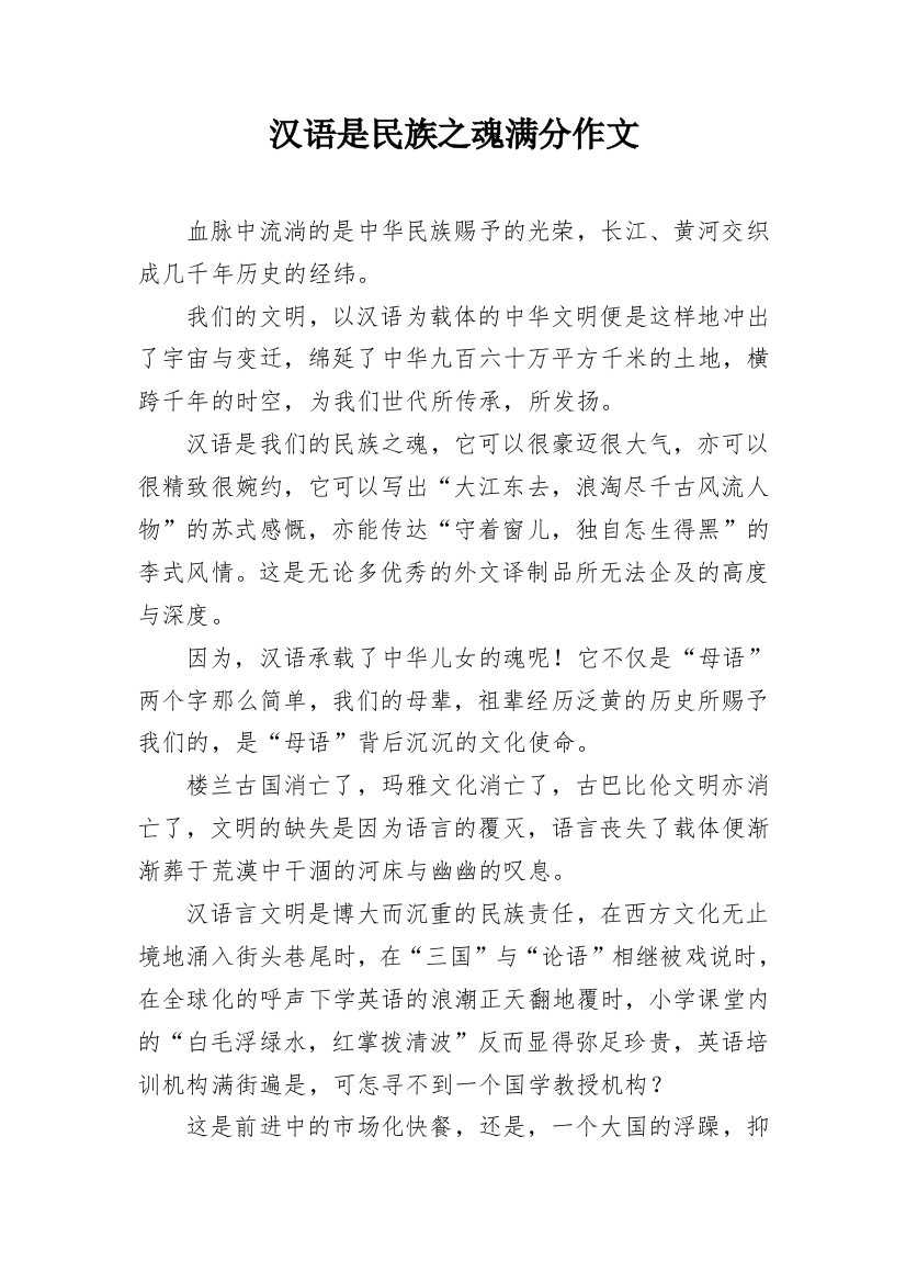 汉语是民族之魂满分作文