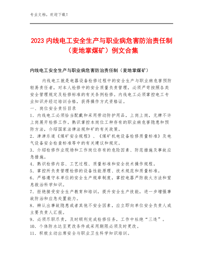 2023内线电工安全生产与职业病危害防治责任制（麦地掌煤矿）例文合集