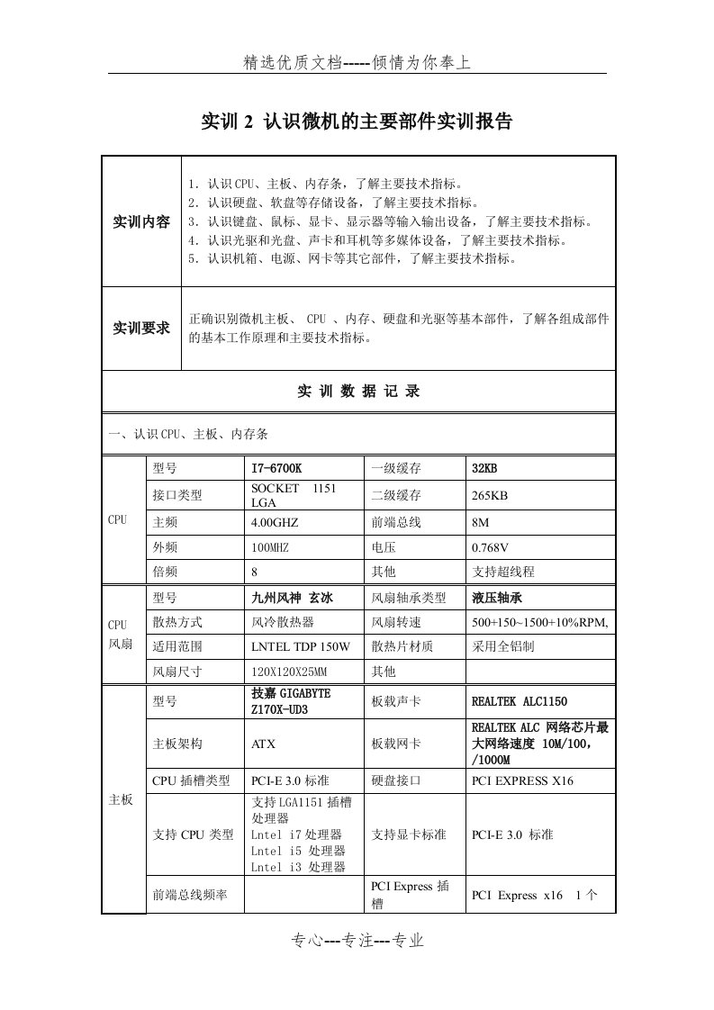 实训2-认识微机的主要部件实训报告(共4页)