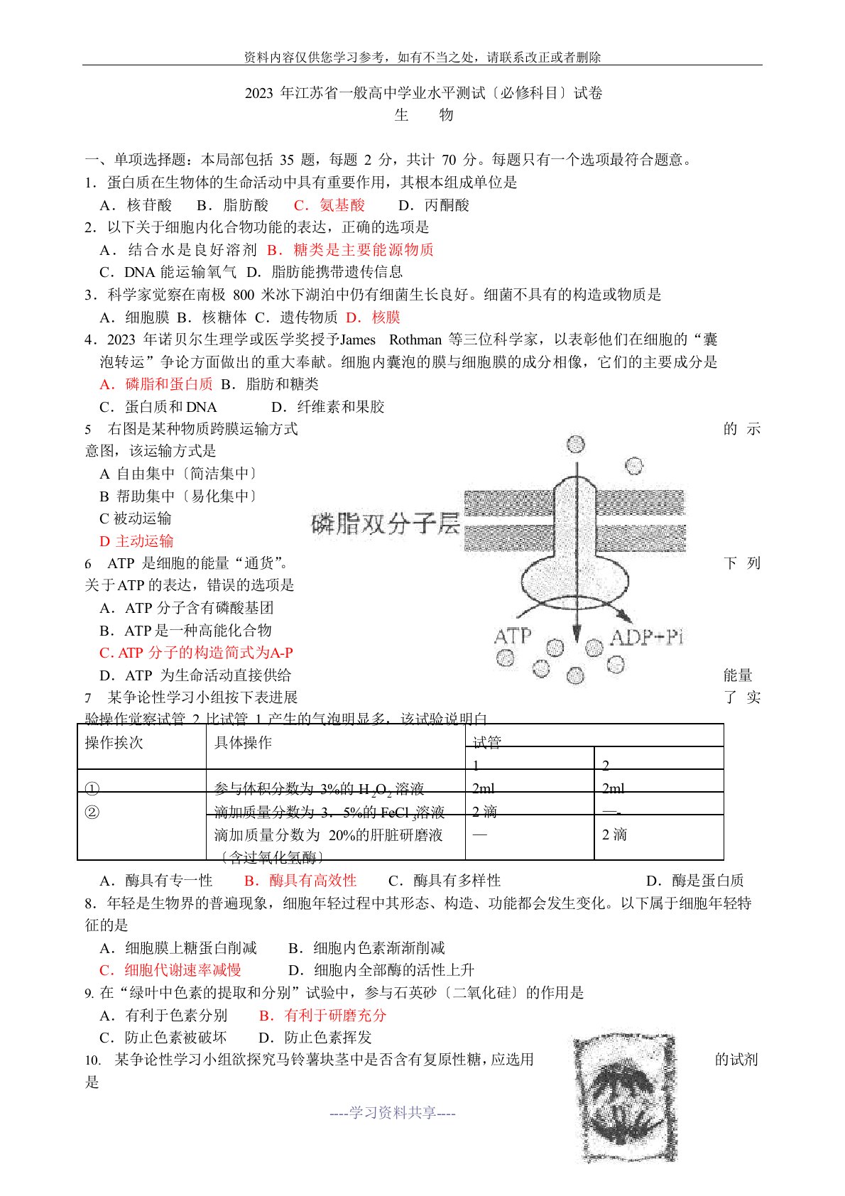 2023年江苏省小高考生物真题试卷(含答案)