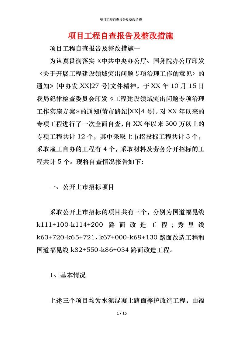 精编2021项目工程自查报告及整改措施