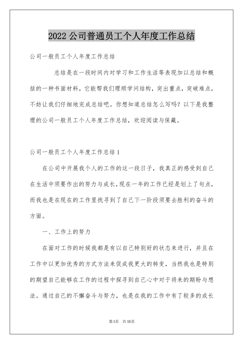 2022公司普通员工个人年度工作总结