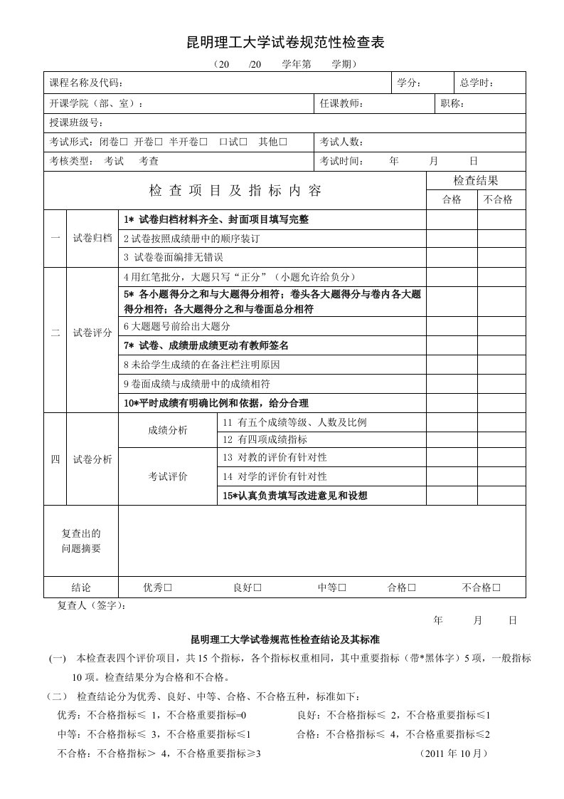 昆明理工大学试卷规范性检查表