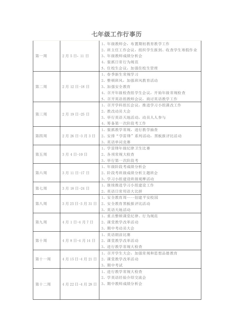 七年级工作行事历