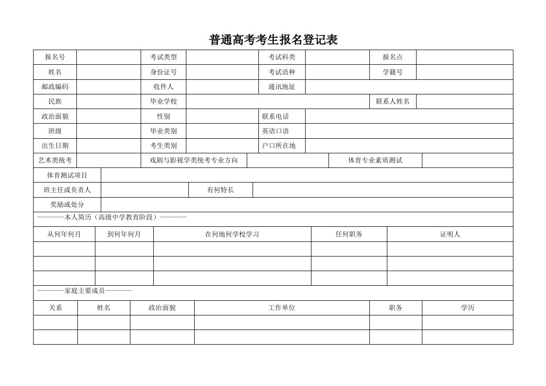 普通高考考生报名登记表