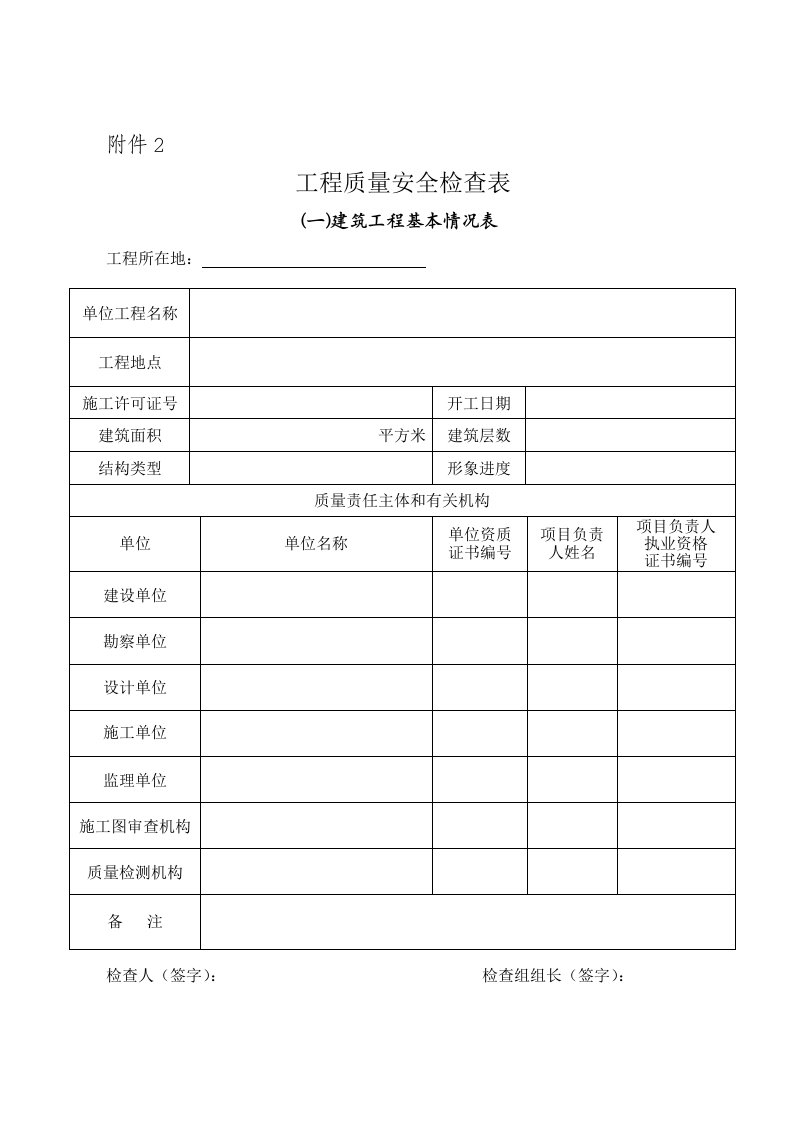 工程质量安全检查表