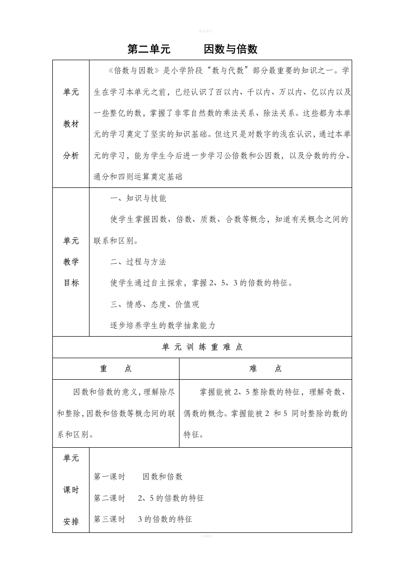 新人教版五年级数学下册第二单元教案