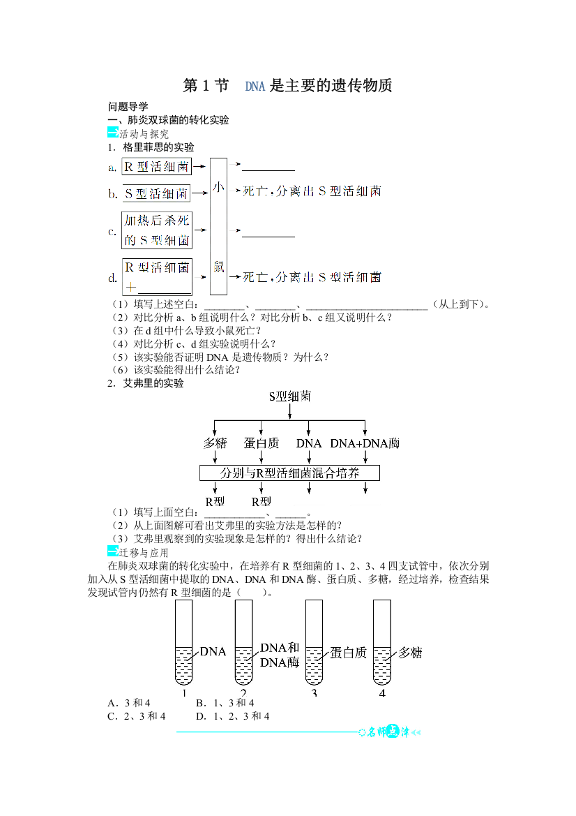 生物人教版必修2导学案：第3章第1节　DNA是主要的遗传物质