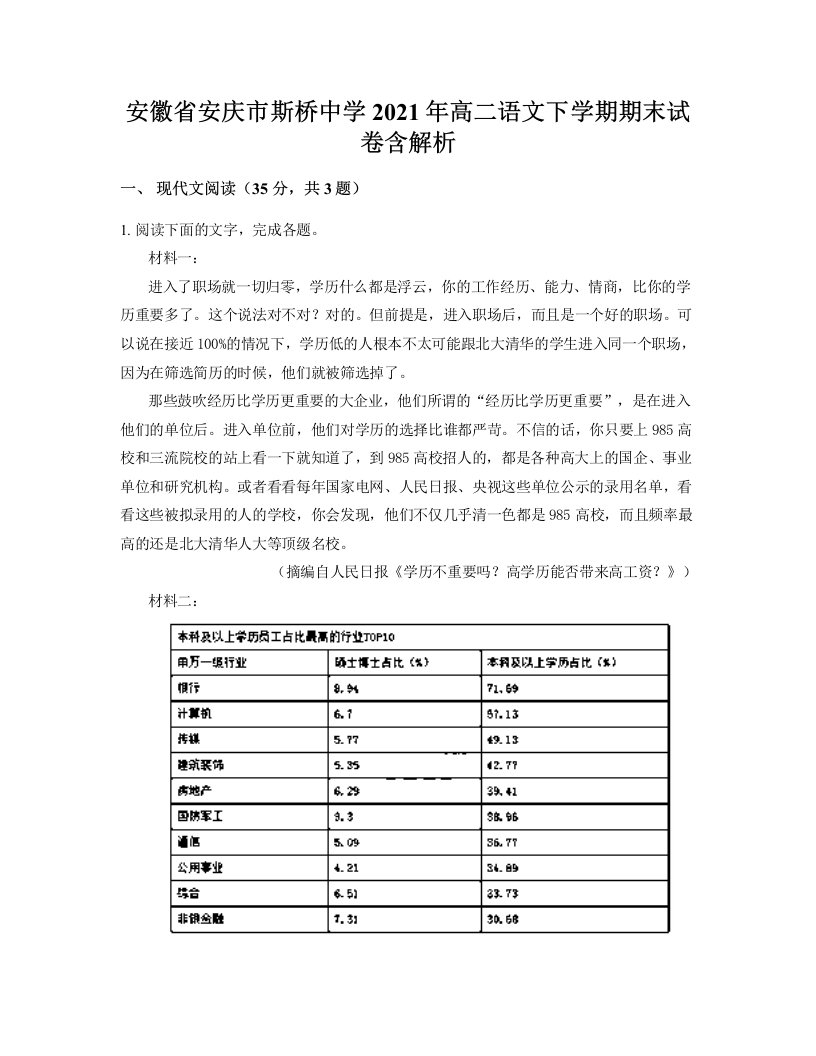 安徽省安庆市斯桥中学2021年高二语文下学期期末试卷含解析