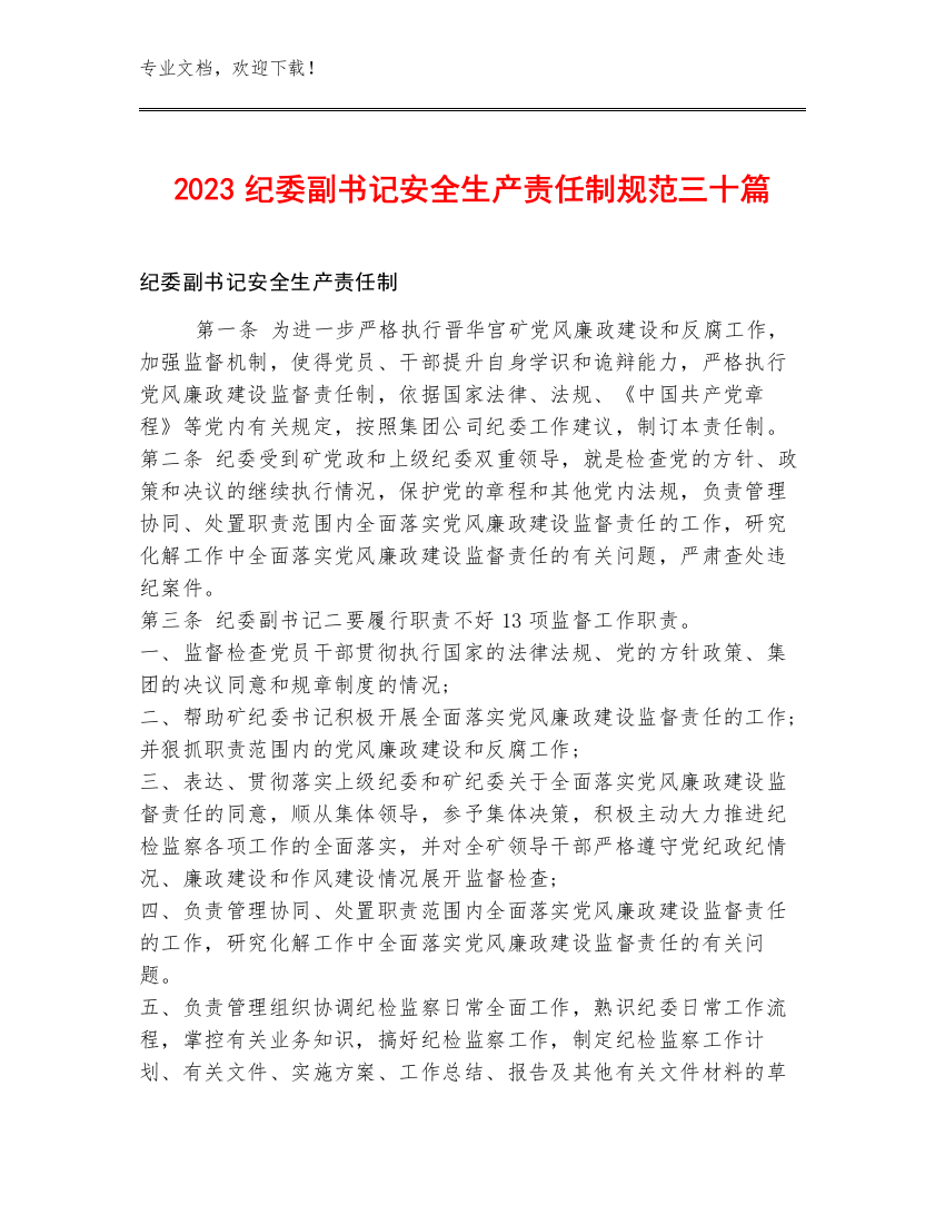 2023纪委副书记安全生产责任制规范三十篇