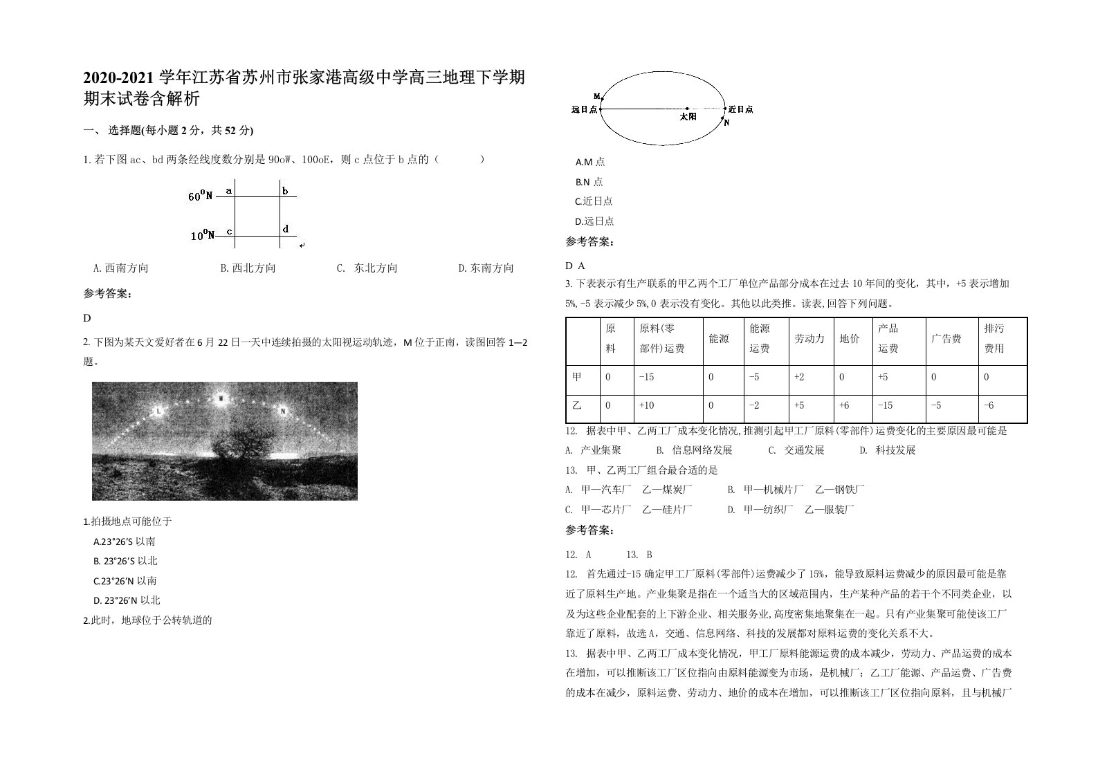 2020-2021学年江苏省苏州市张家港高级中学高三地理下学期期末试卷含解析