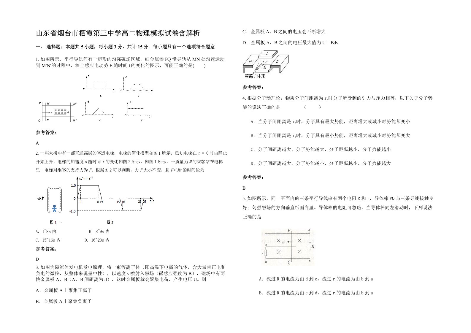 山东省烟台市栖霞第三中学高二物理模拟试卷含解析