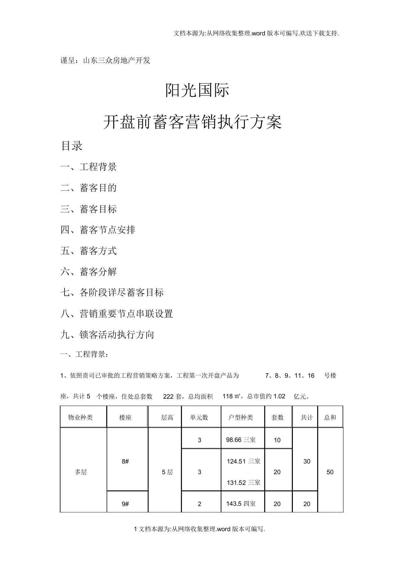 阳光国际项目开盘前蓄客营销执行实施方案蓄客实施方案