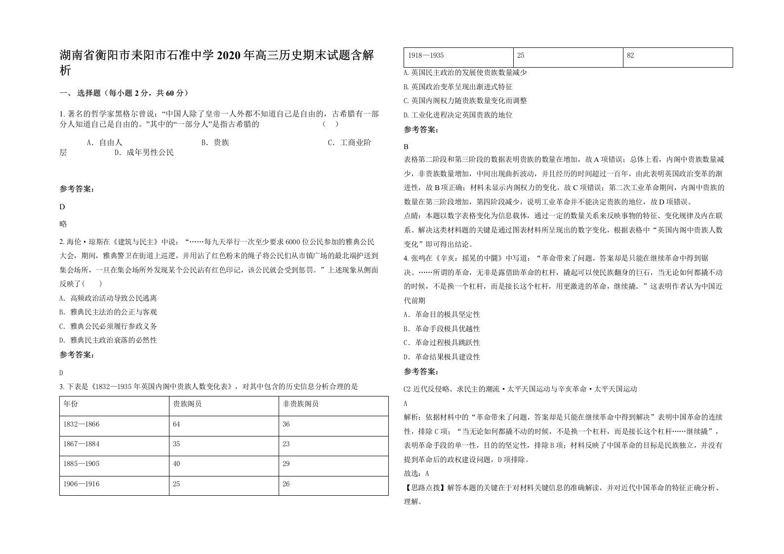 湖南省衡阳市耒阳市石准中学2020年高三历史期末试题含解析