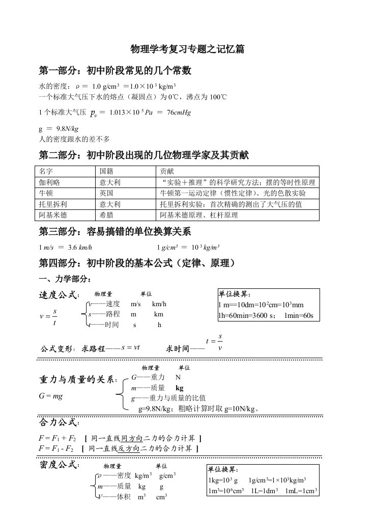 八年级物理公式及常用数据