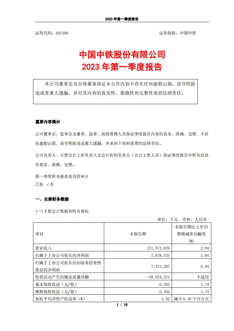 上交所-中国中铁2023年第一季度报告-20230428