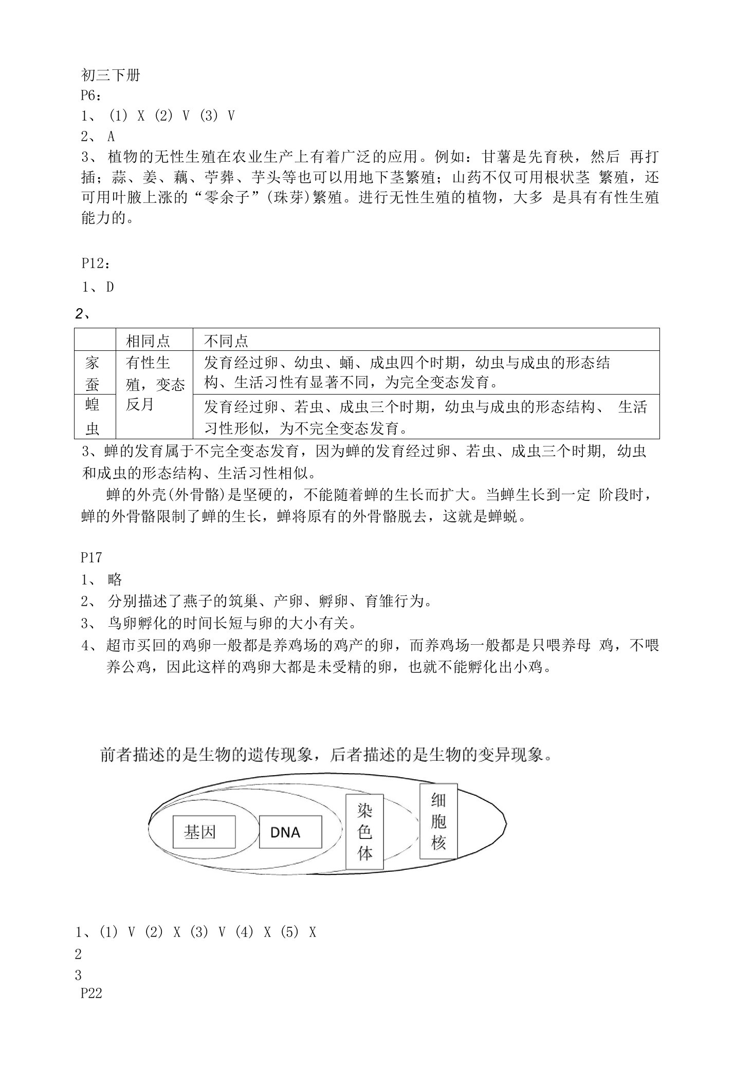 生物课后练习答案(全六册)