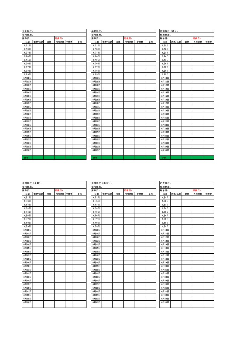 信用卡管理表格实用版