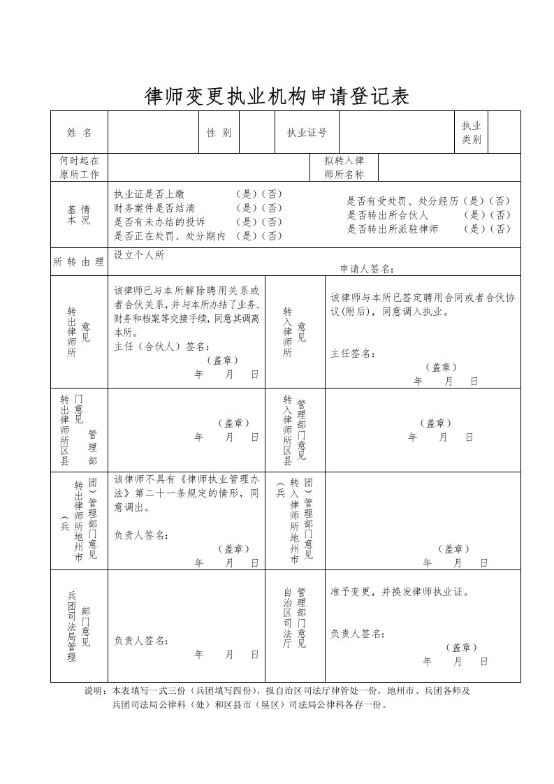 律师变更执业机构申请登记表