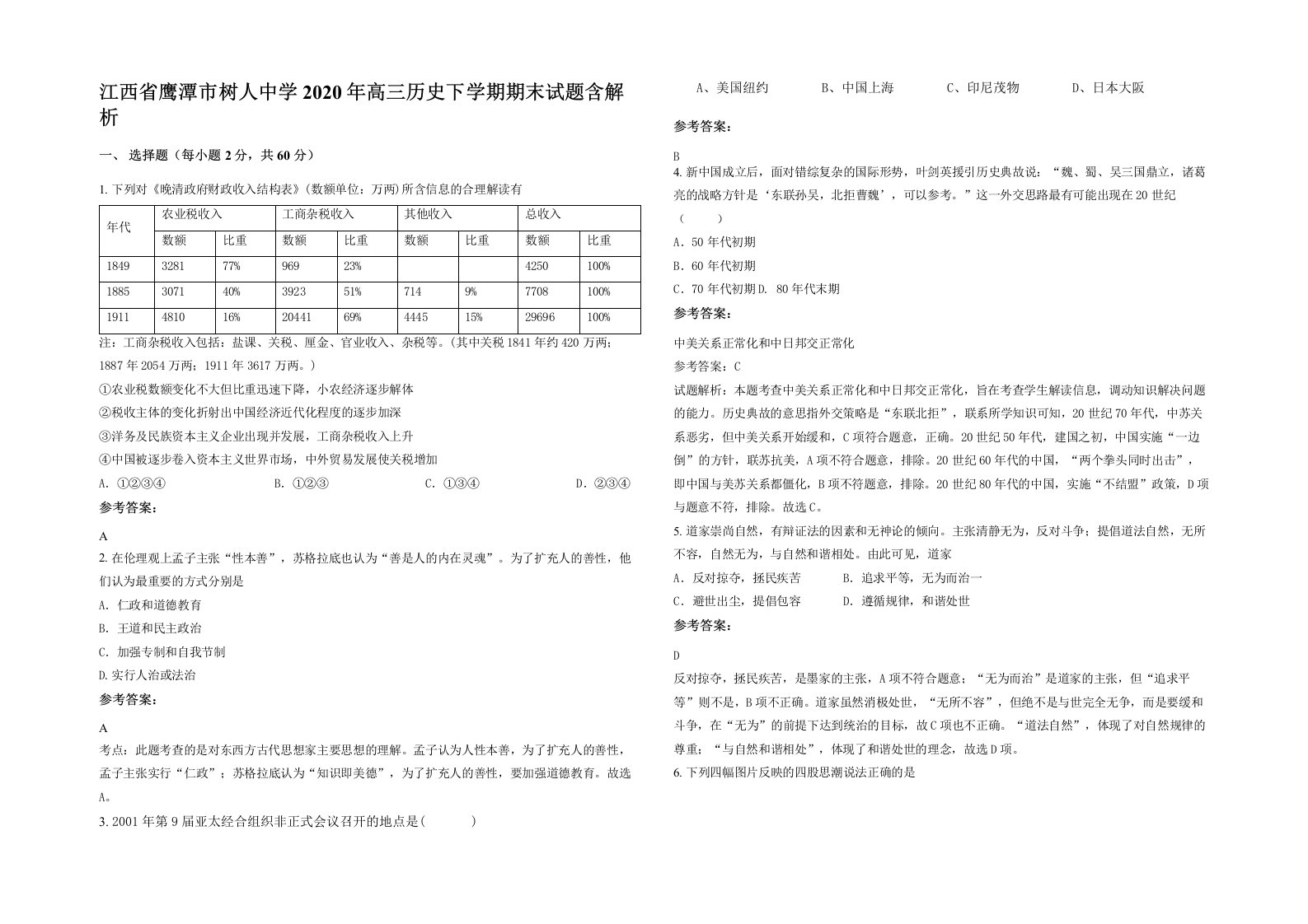 江西省鹰潭市树人中学2020年高三历史下学期期末试题含解析