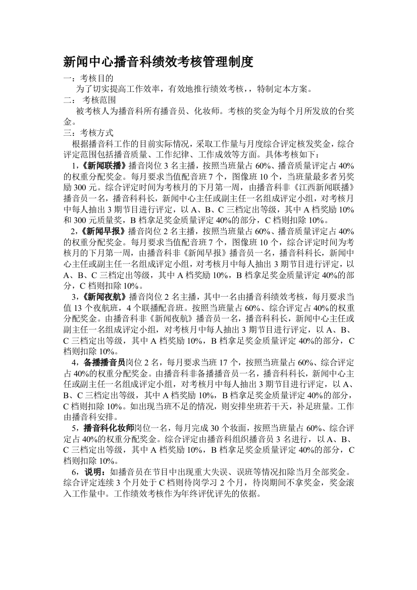 新闻中心播音科绩效考核管理制度