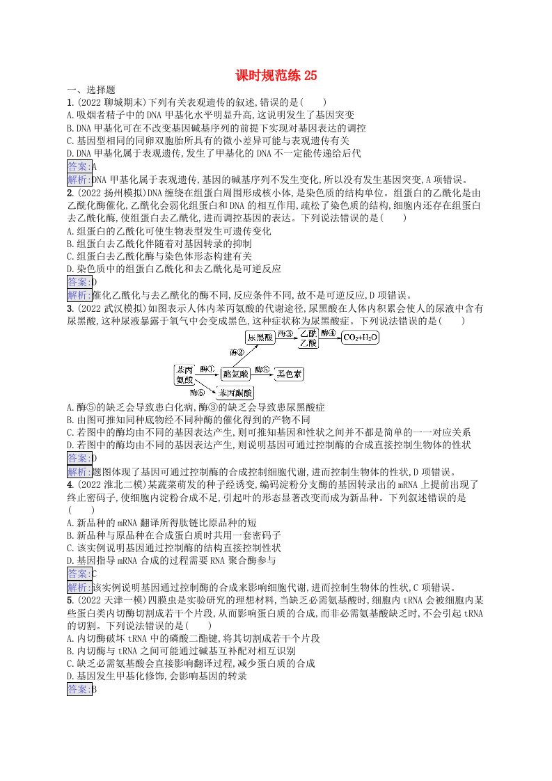 适用于新教材2024版高考生物一轮总复习课时规范练25基因表达和性状的关系新人教版