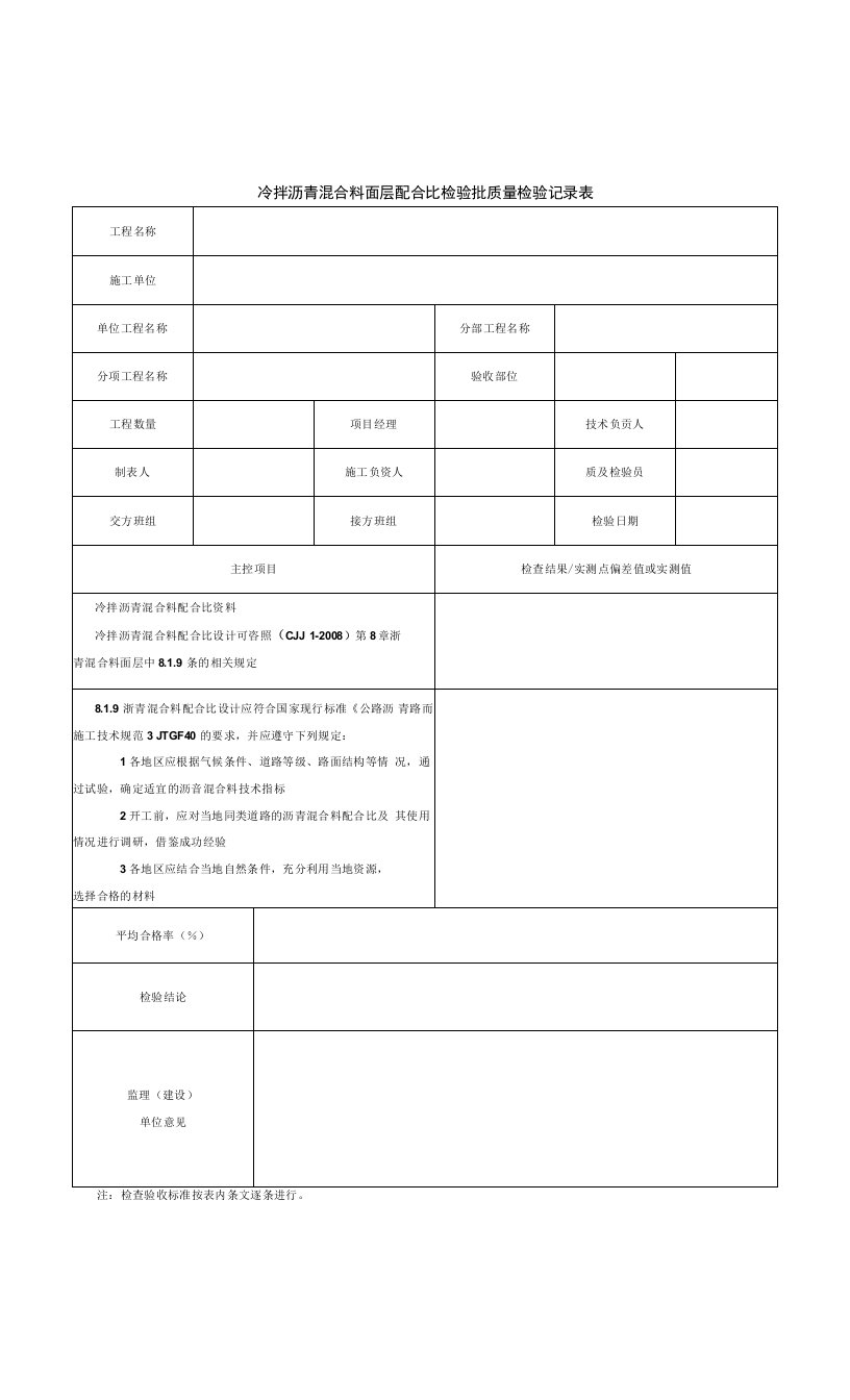 冷拌沥青混合料面层配合比检验批质量检验记录表