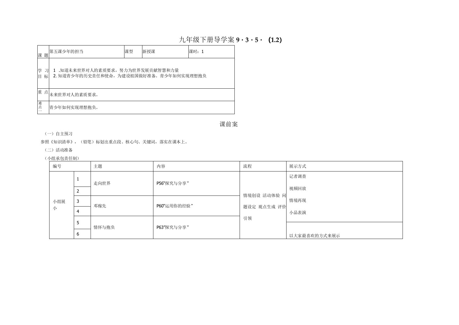 第五课少年的担当导学案-2021-2022学年部编版道德与法治九年级下册