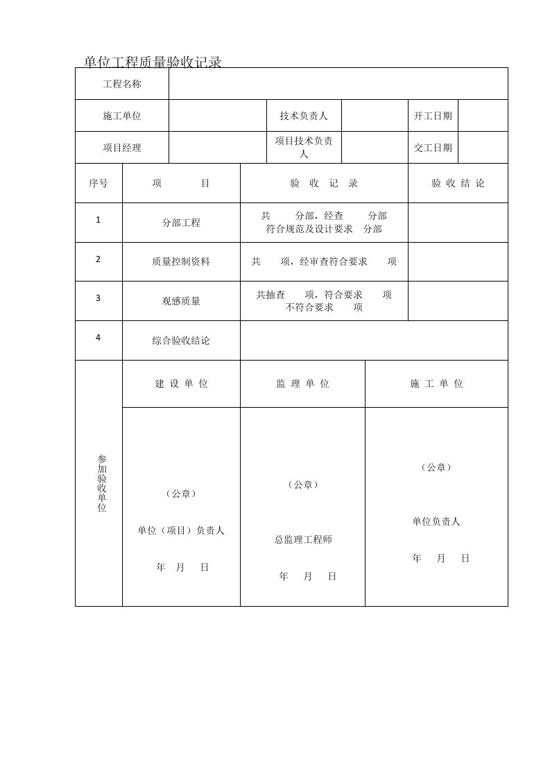 位工程质量验收记录