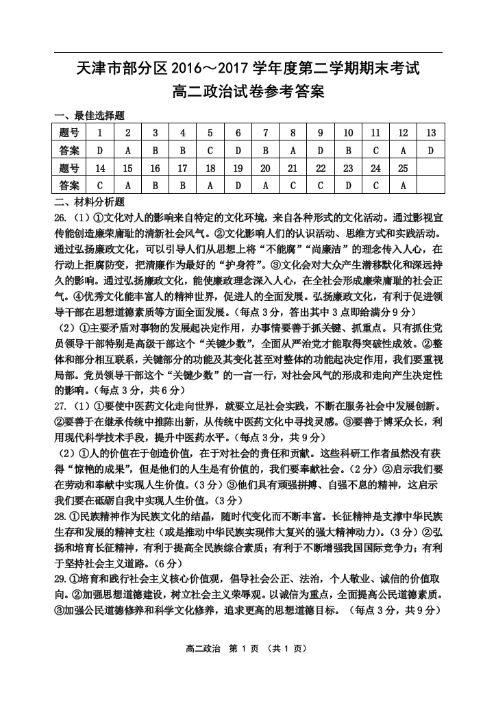 【小学中学教育精选】高二政治答案