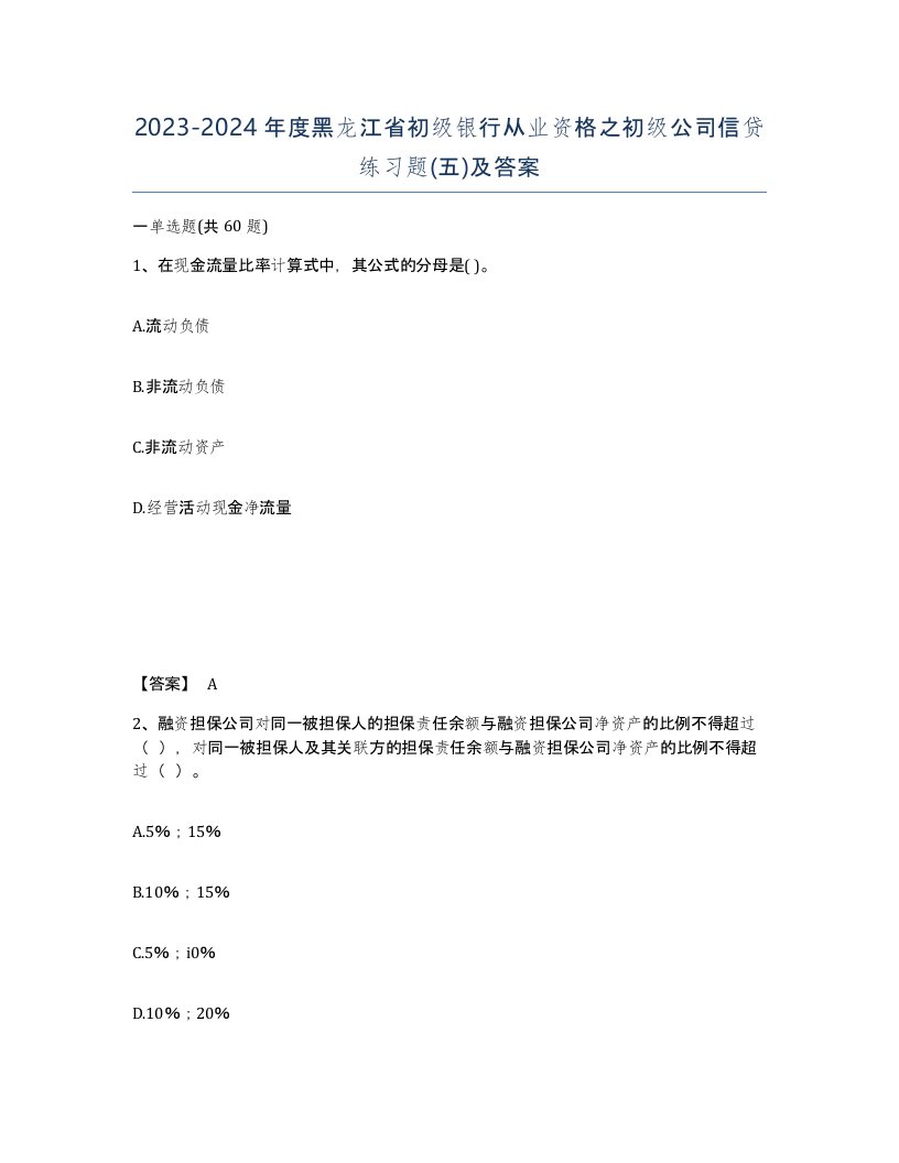 2023-2024年度黑龙江省初级银行从业资格之初级公司信贷练习题五及答案