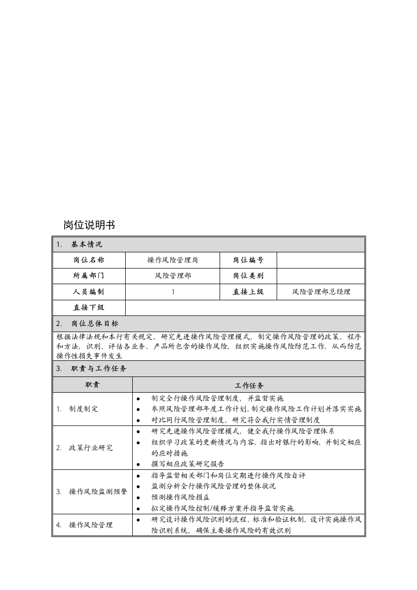 岗位说明书--风险管理部--操作风险管理岗