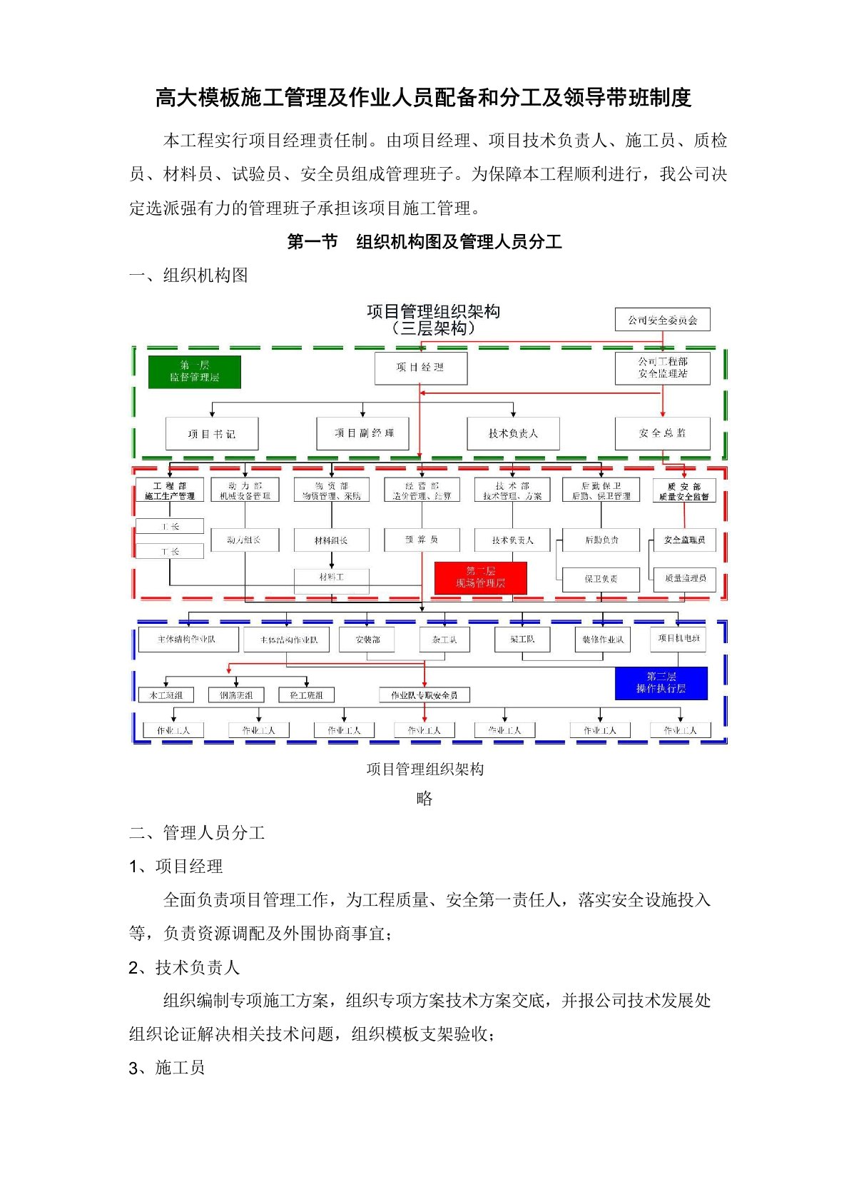 高大模板施工管理及作业人员配备和分工及领导带班制度