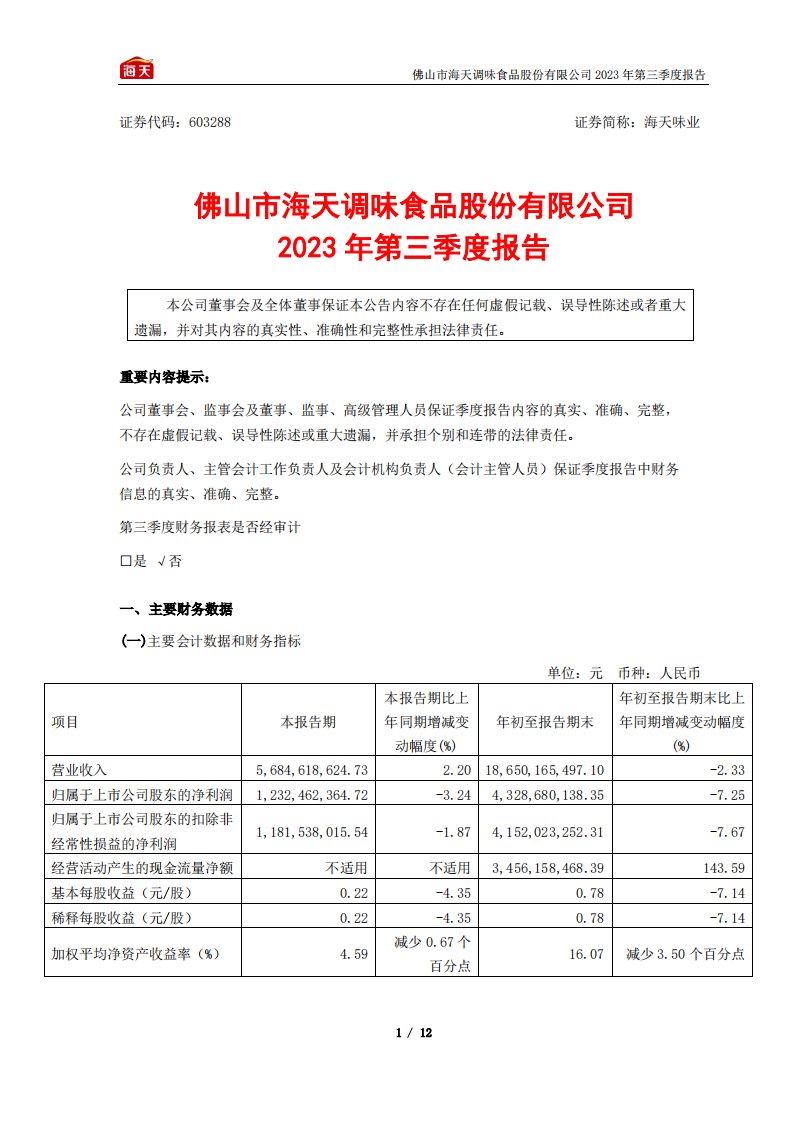 上交所-海天味业2023年三季度报告-20231030