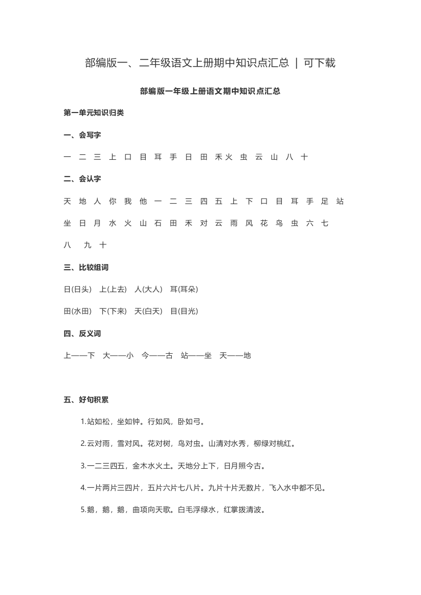 (完整word版)部编版一年级语文知识点