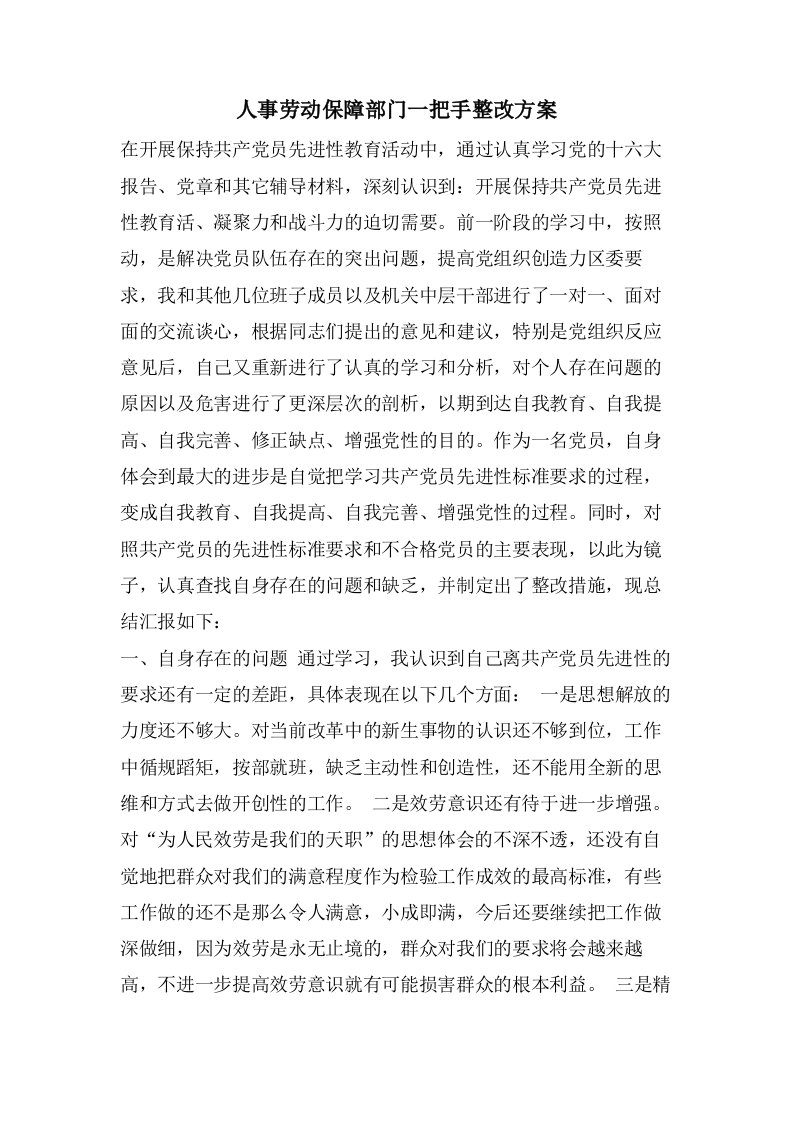 人事劳动保障部门一把手整改方案