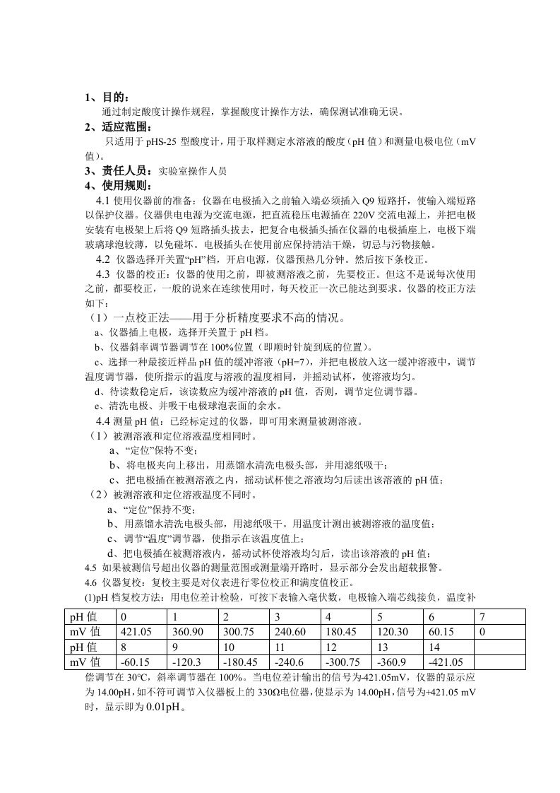 PHS-25型酸度计标准操作规程