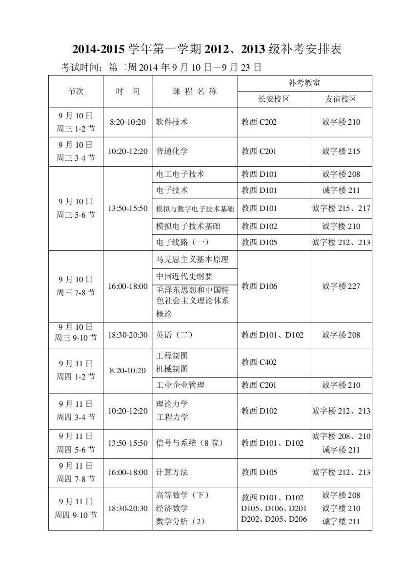 西工大2014-2015学年第一学期补考安排