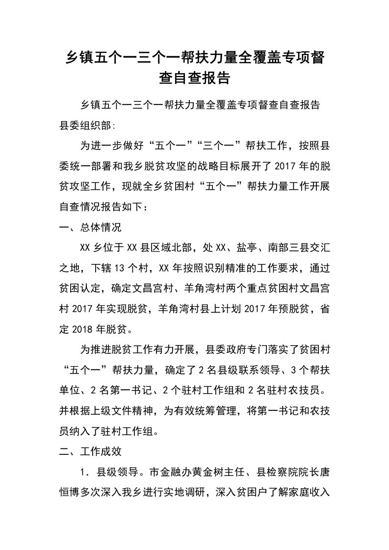 乡镇五个一三个一帮扶力量全覆盖专项督查自查报告