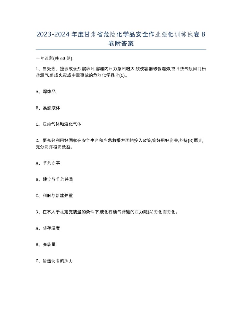 20232024年度甘肃省危险化学品安全作业强化训练试卷B卷附答案