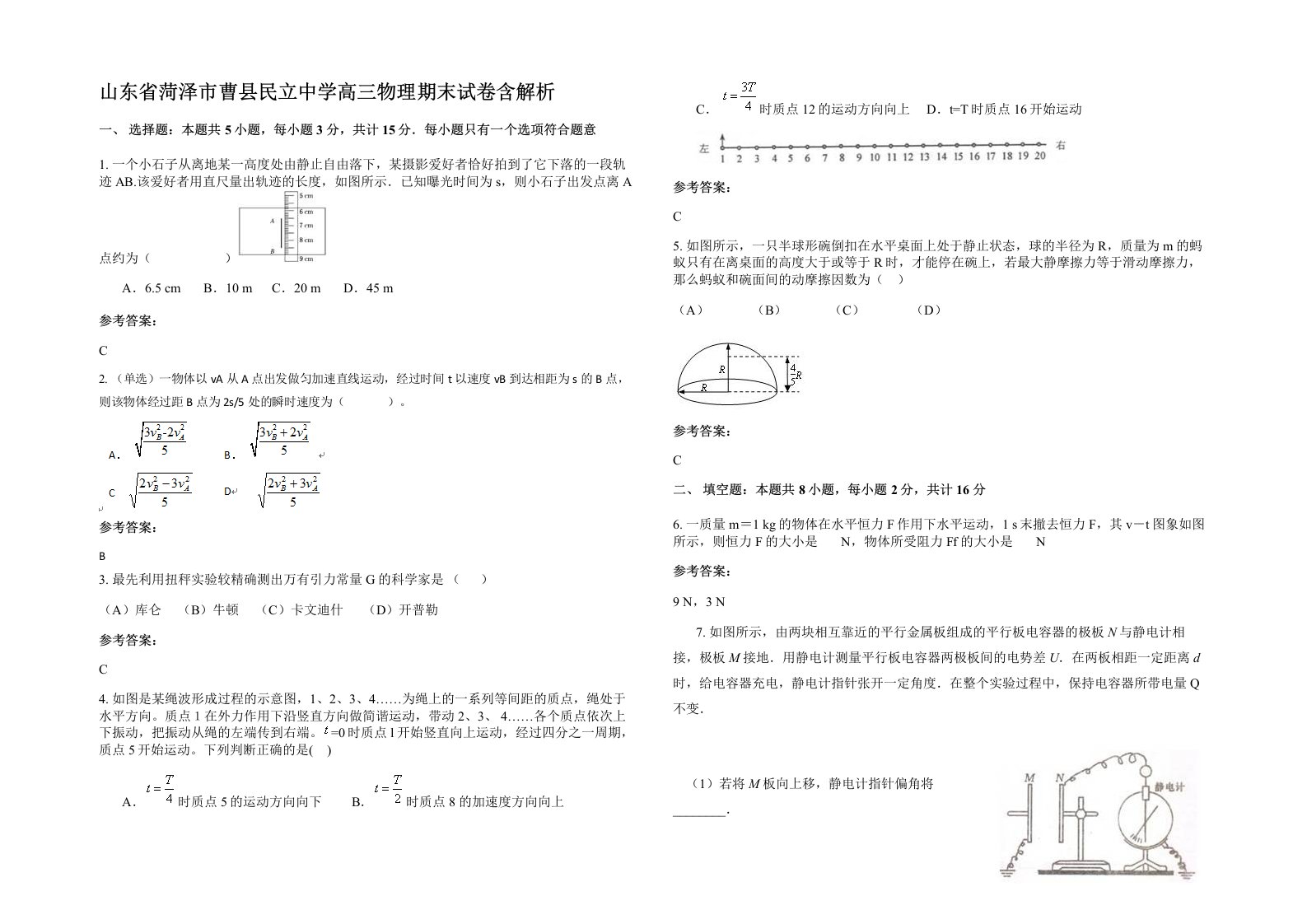 山东省菏泽市曹县民立中学高三物理期末试卷含解析