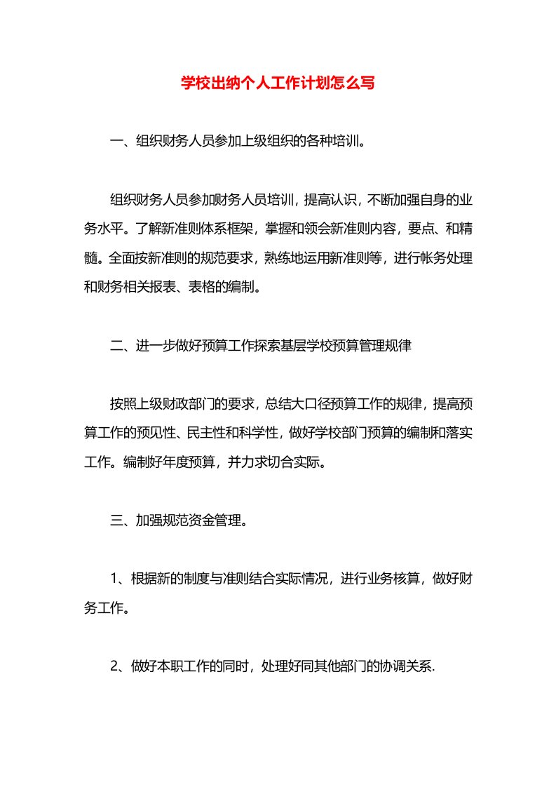 学校出纳个人工作计划怎么写